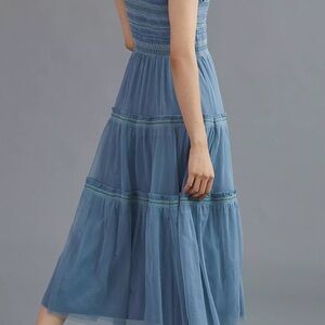 Anthropologie Maxi Dress Blue Smocked Bust Size Medium Tiered Layers Lined Sheer